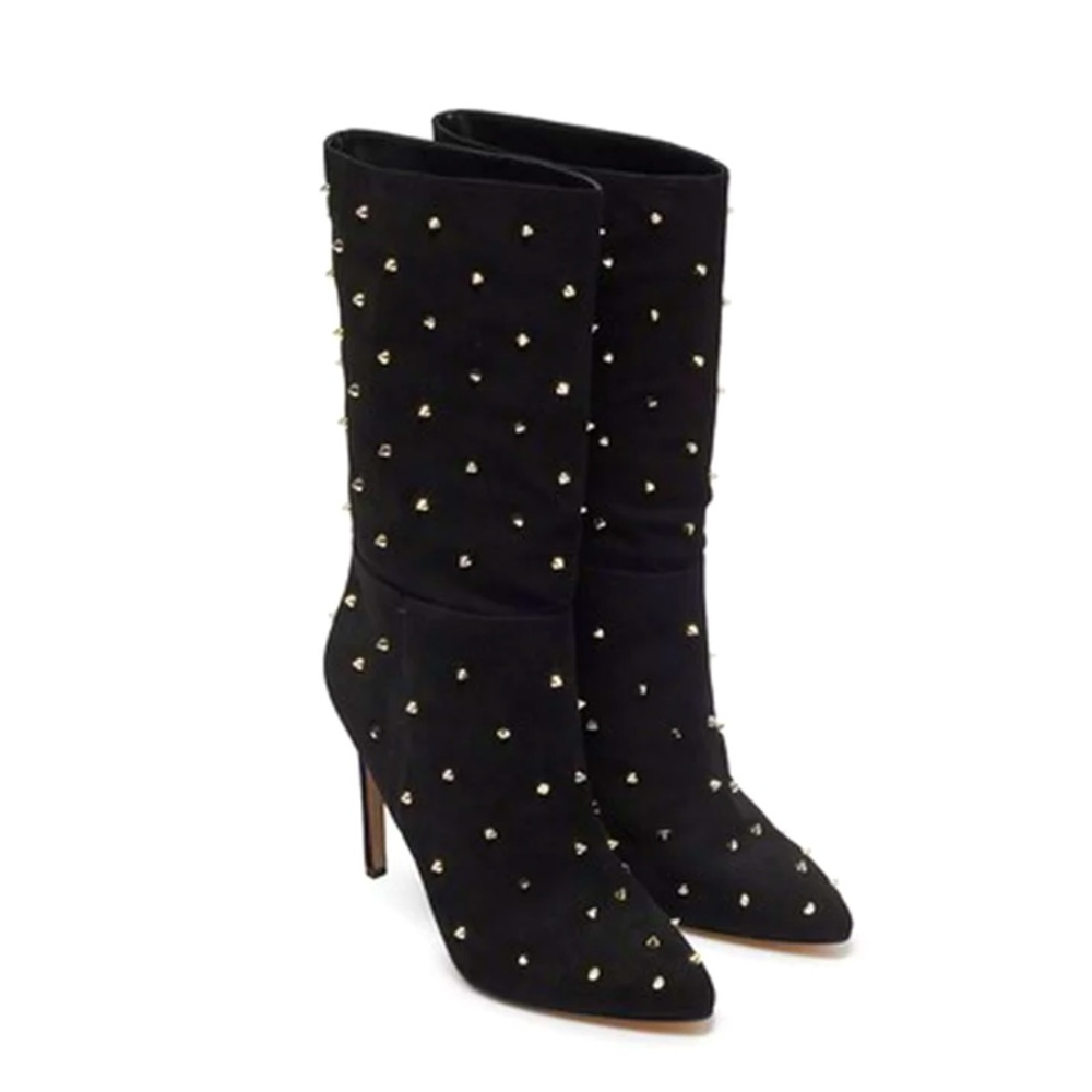 Sam Edelman Waylyn Studded Black Suede Mid Calf High Heel Stiletto Boots Size 7